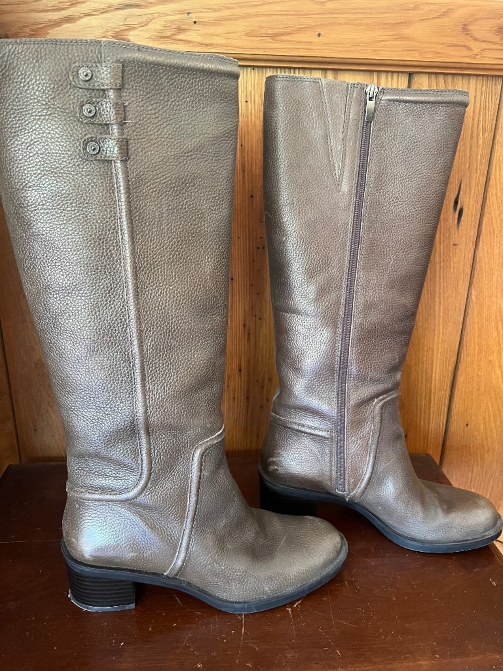 Enzo Angiolini Metallic Pewter Gray Leather Riding Boots Women Sz 8.5M Knee High